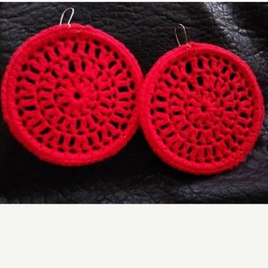 Red Boho style threaded hoop pierced earrings